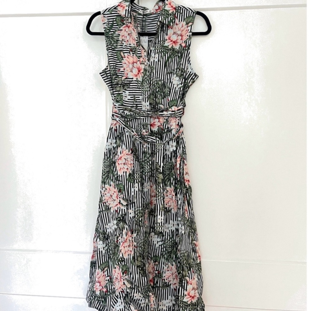 Mango Black and Pink Floral Midi Dress